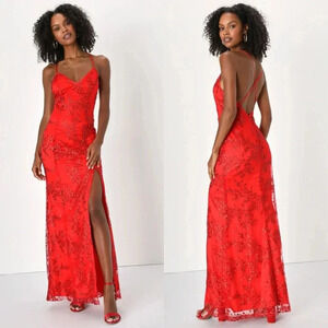 Lulus Blissful Blossoms Red Sequin Backless Maxi Dress M Wedding Party Prom
